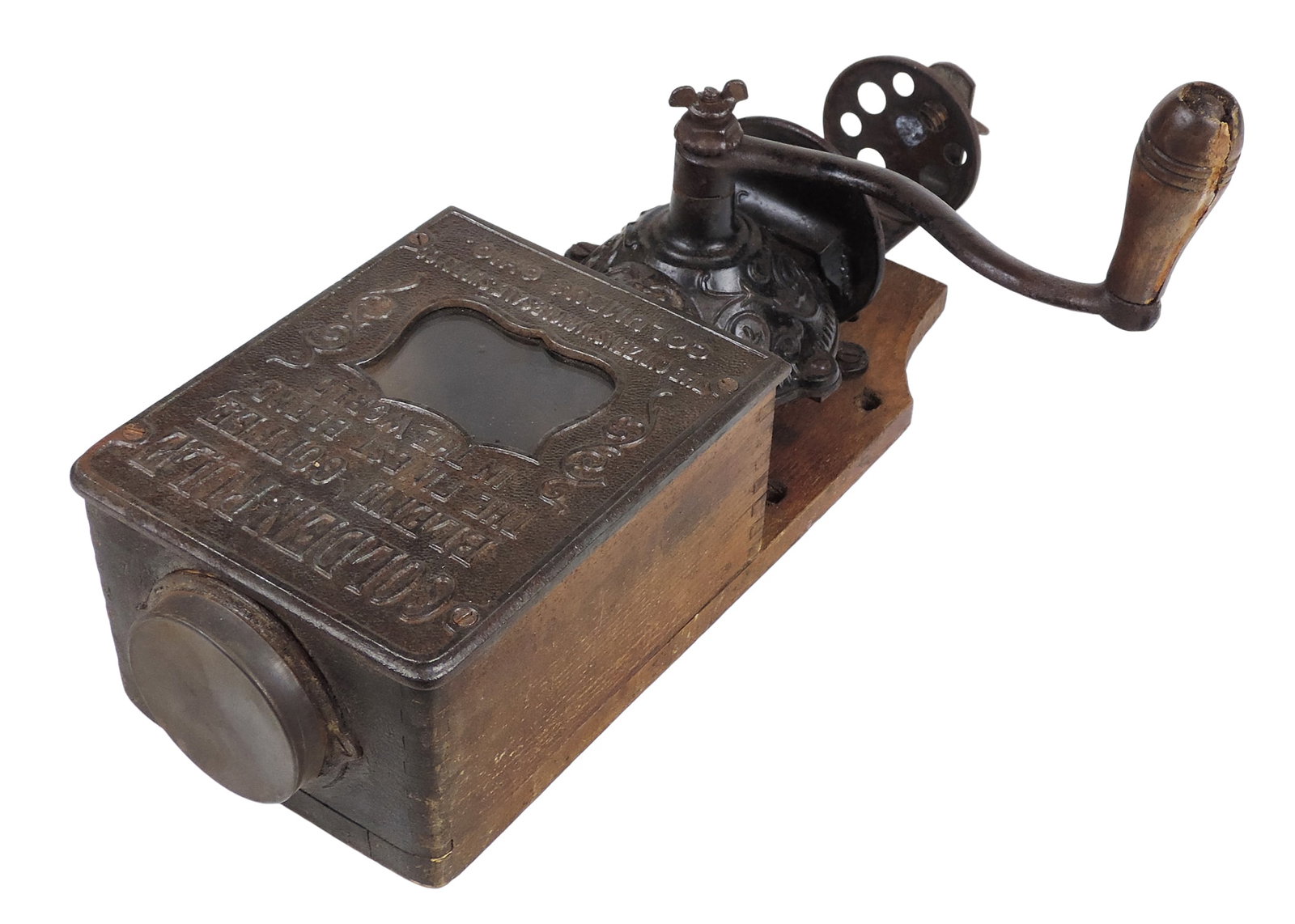 Golden Rule Coffee Grinder, mfgd by the Arcade Mfg. Co., wall-mount, cast iron face features embo... - 2