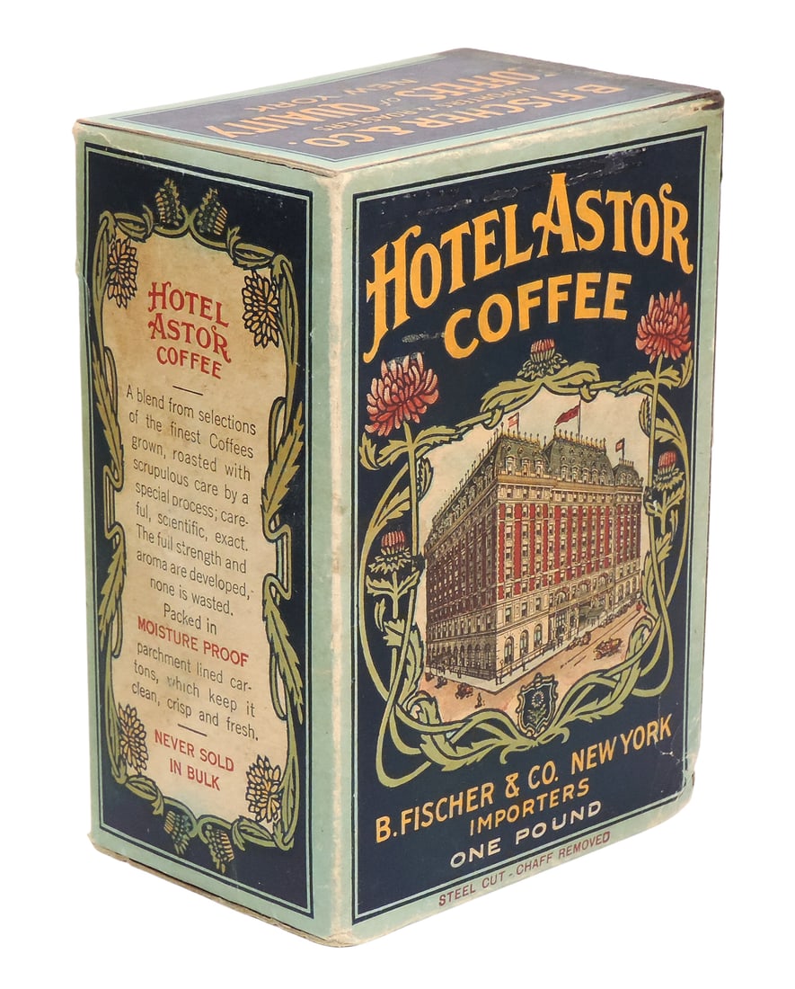 Hotel Astor Coffee Box, B. Fischer & Co., New York Importers, 1 lb., heavy cardstock packaging, c... - 2