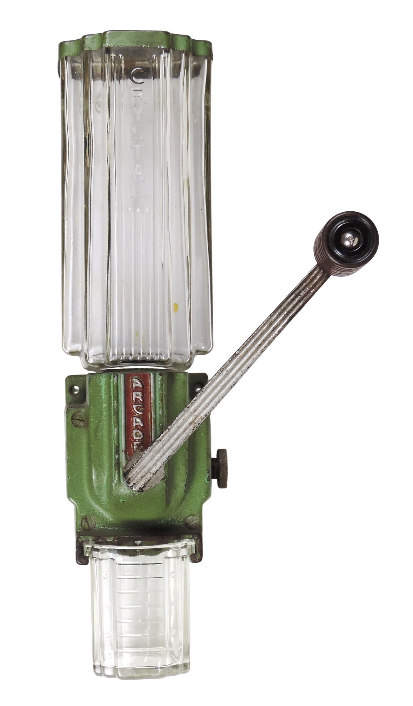 Arcade Crystal Art Deco Coffee Grinder, complete w/orig catch cup, green/red paint, c. early-mid ... (1 of 3)