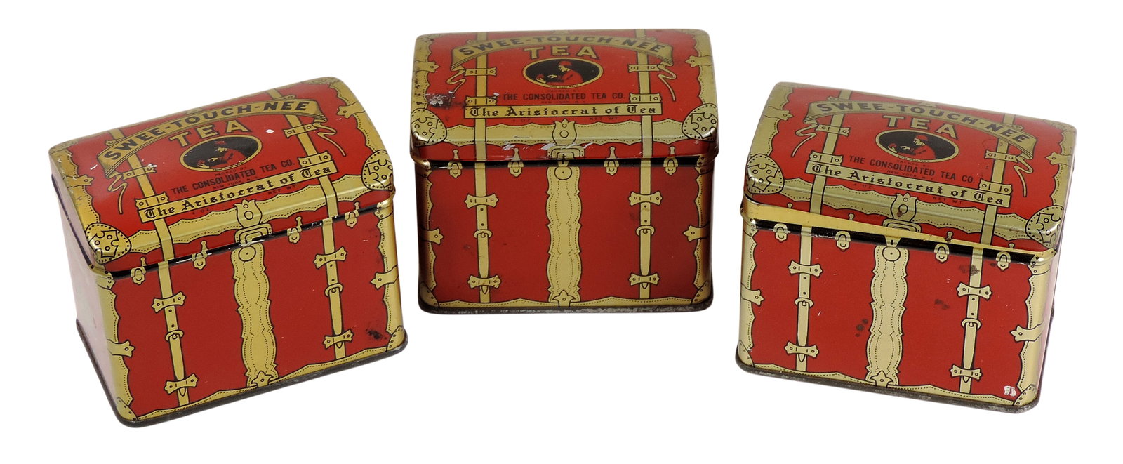 Swee-Touch-Nee Tea Tins (3), mfgd by The Consolidated Tea Co., colorful litho on trunk-shaped tin... (1 of 3)
