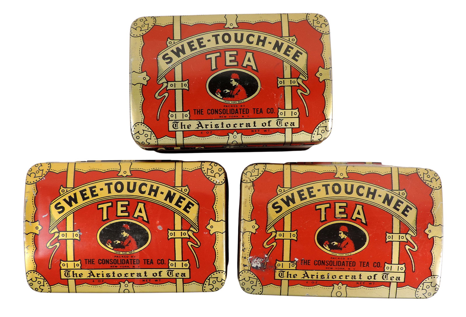 Swee-Touch-Nee Tea Tins (3), mfgd by The Consolidated Tea Co., colorful litho on trunk-shaped tin... - 2