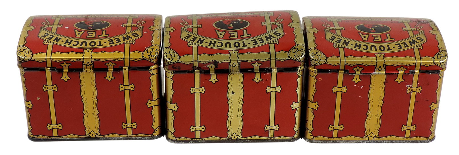 Swee-Touch-Nee Tea Tins (3), mfgd by The Consolidated Tea Co., colorful litho on trunk-shaped tin... - 3