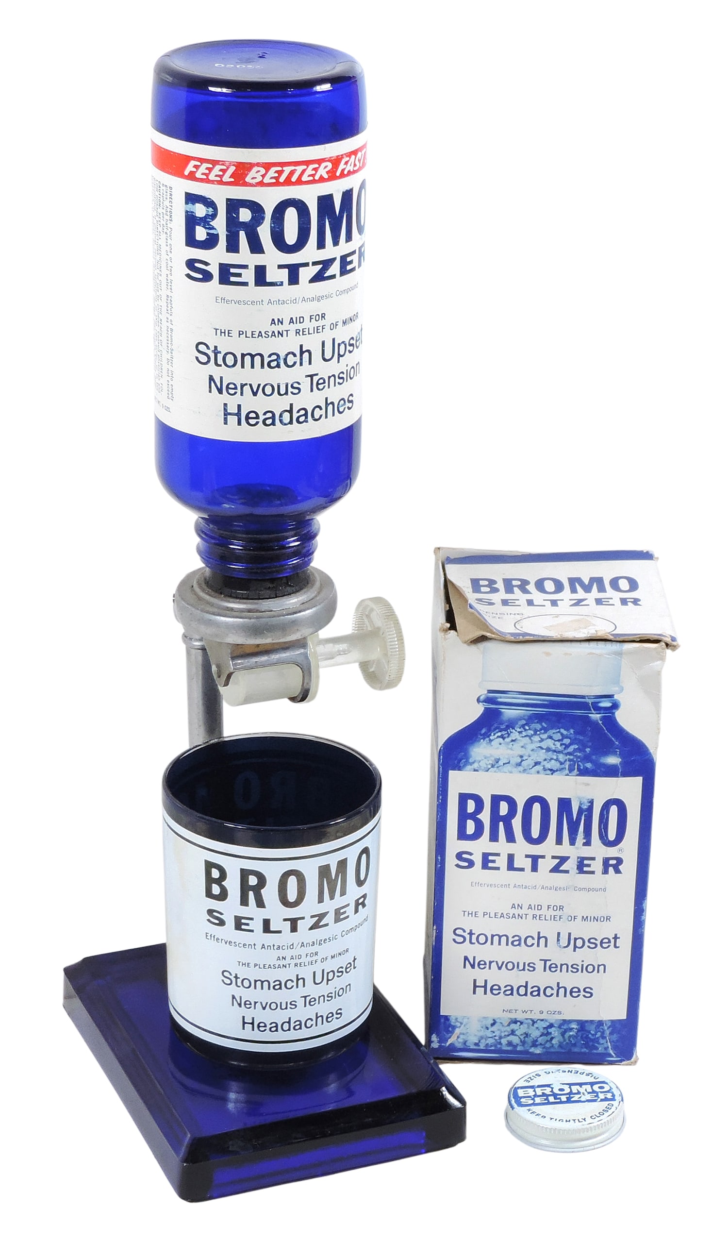 Bromo Seltzer Pharmacy Dispenser/Bottle/Glass (3), Warner-Lambert Pharmaceutical Co., Morris Plai... (1 of 1)