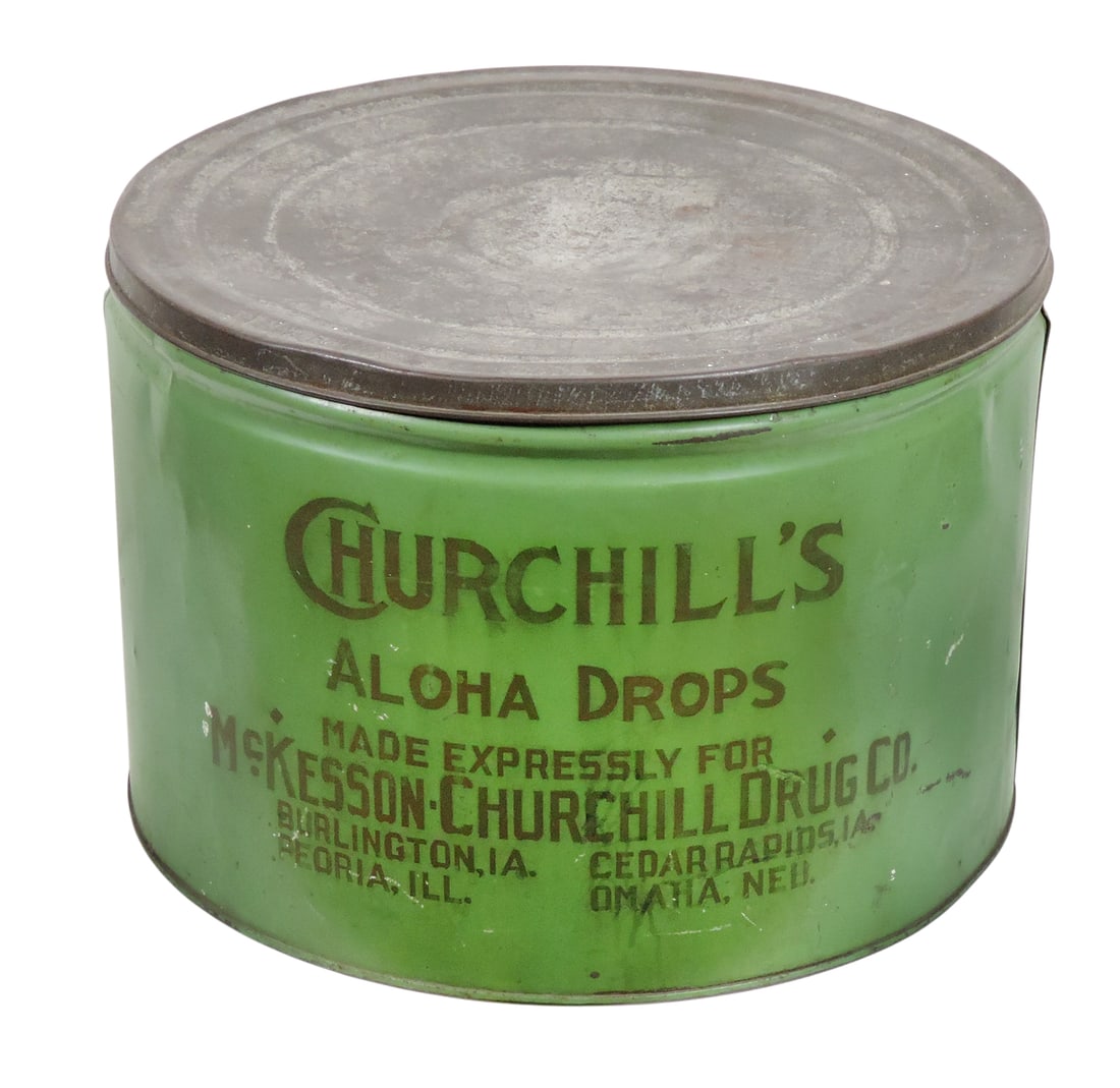 Churchill's Aloha Drops Tin Canister, Made Expressly for McKesson-Churchill Drug Co., Burlington, (1 of 2)