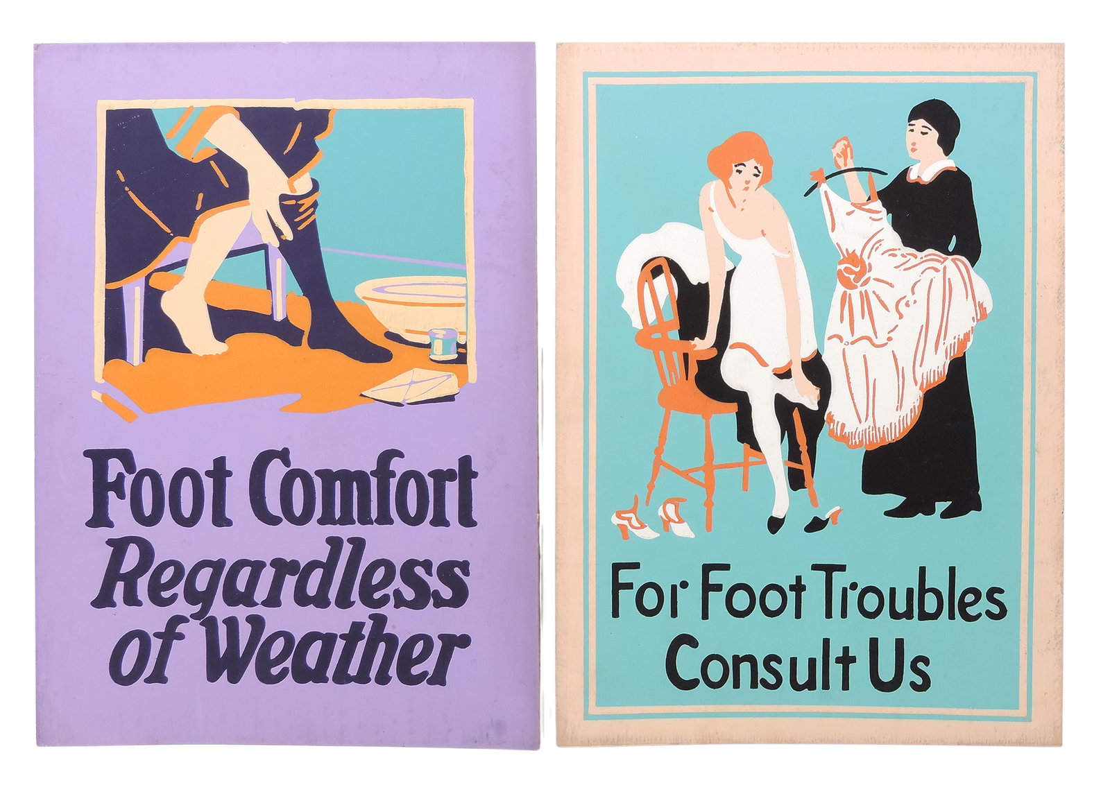 Drugstore Serigraphs (2), silkscreened art prints, Foot Comfort Regardless of Weather & For Foot ...: Drugstore Serigraphs (2), silkscreened art prints, Foot Comfort Regardless of Weather & For Foot Troubles Consult Us, c. mid 1900s, VG+ cond w/ minor edge wear, H 14 x W 10 in.