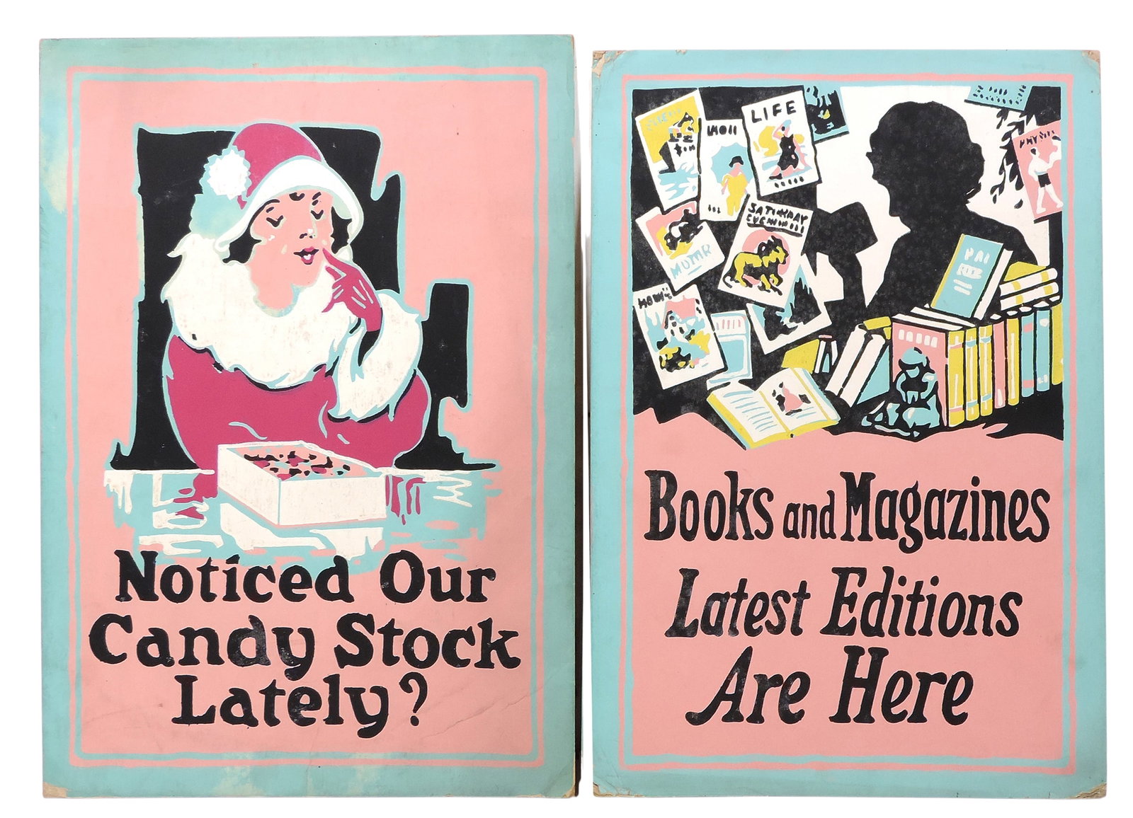 Drugstore Serigraphs (2), silkscreened art prints, Books and Magazines Latest Editions Are Here &...: Drugstore Serigraphs (2), silkscreened art prints, Books and Magazines Latest Editions Are Here & Noticed Our Candy Stock Lately?, heavy cardstock, c. mid 1900s, VG+ cond w/minor age-related wear, H
