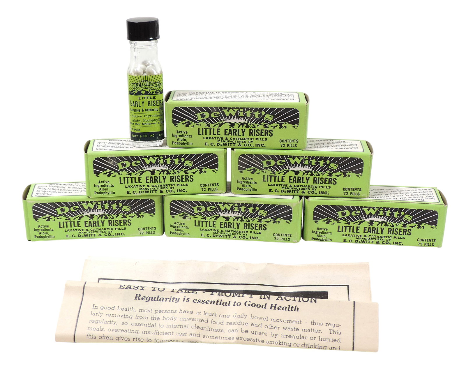 DeWitt's Little Early Risers (6), Laxative & Cathartic Pills, Mfgd by E.C. DeWitt & Co., Inc., ...: DeWitt's Little Early Risers (6), Laxative & Cathartic Pills, Mfgd by E.C. DeWitt & Co., Inc., Chicago, Ill, c. early 1900s, NOS, W 3 in.