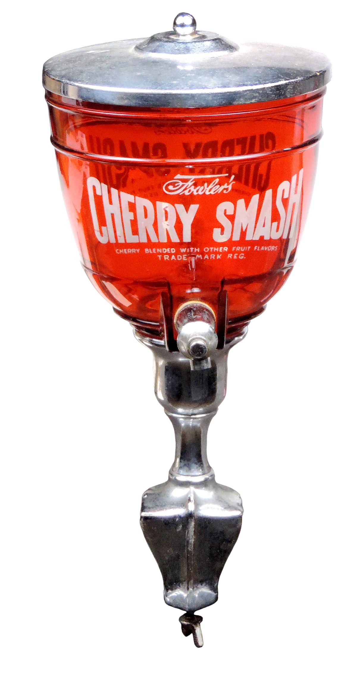 Soda Fountain Fowler's Cherry Smash Dispenser, clamps to counter, 3 piece metal w/ruby glass, c. ... (1 of 2)