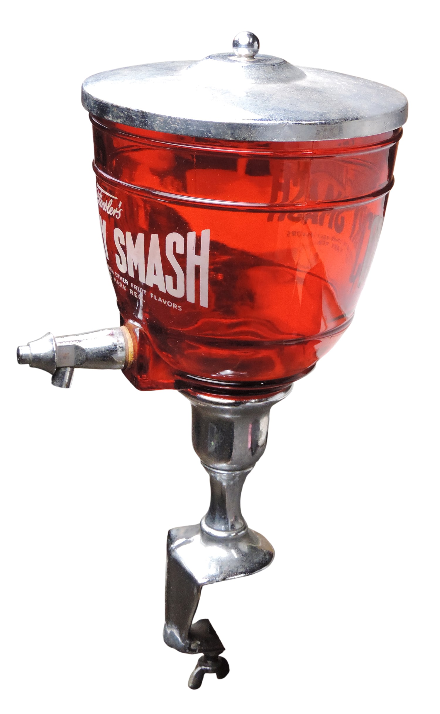 Soda Fountain Fowler's Cherry Smash Dispenser, clamps to counter, 3 piece metal w/ruby glass, c. ... - 2