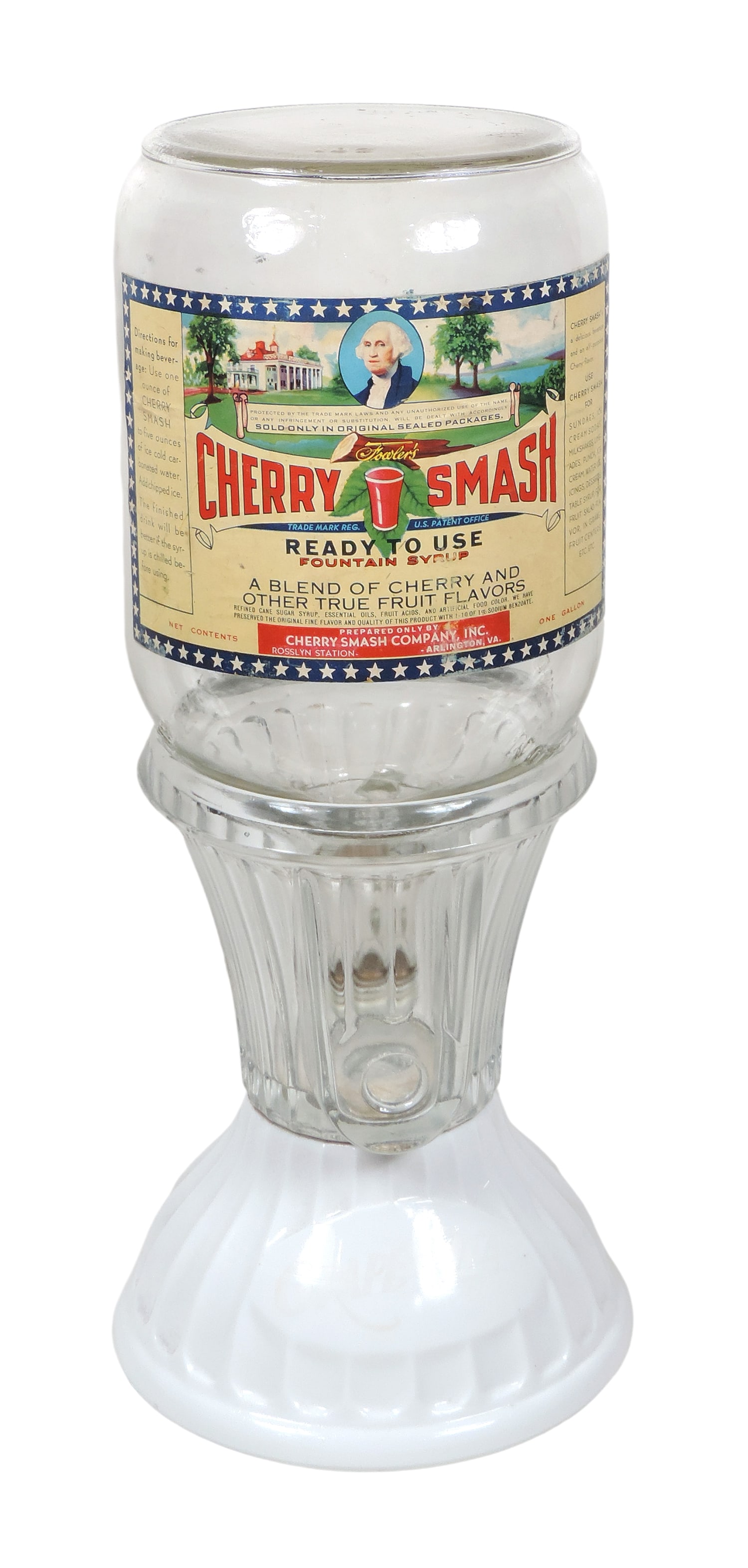 Fowler's Cherry Smash Glass Jug & Grape Ola Syrup Dispenser Base, one gallon glass jug w/Exc orig (1 of 3)