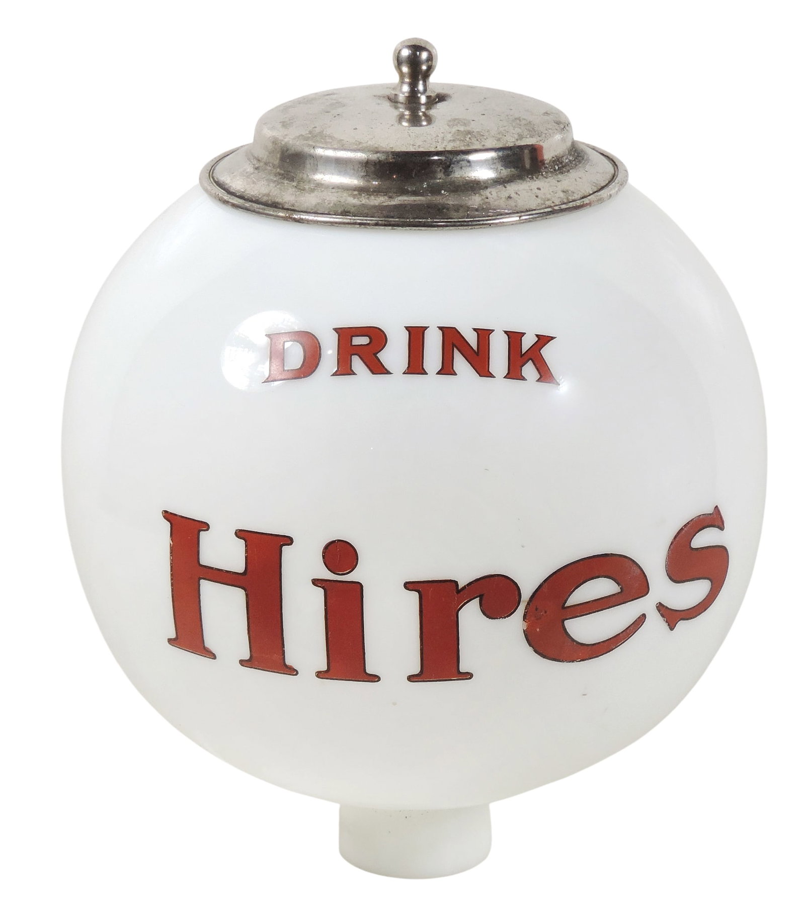 Rare Hires Root Beer Soda Fountain Syrup Dispenser Globe, opal white milk glass w/fired-on graphi... (1 of 2)