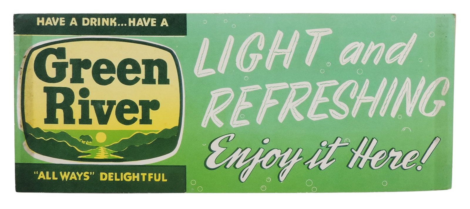 Green River Soda Sign, lime-flavored soda orig created in Chicago in 1919, cardstock, c. mid 1900... (1 of 2)