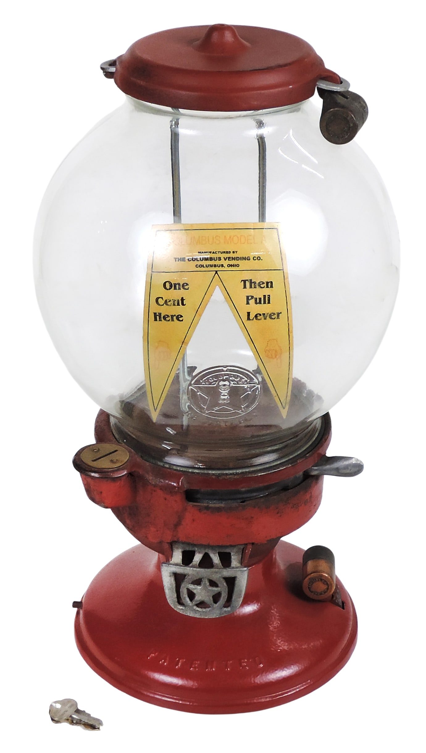Coin-operated, Columbus Model "A" Vendor, decal instructs the user: One Penny Here, Then Pull Lev... (1 of 3)