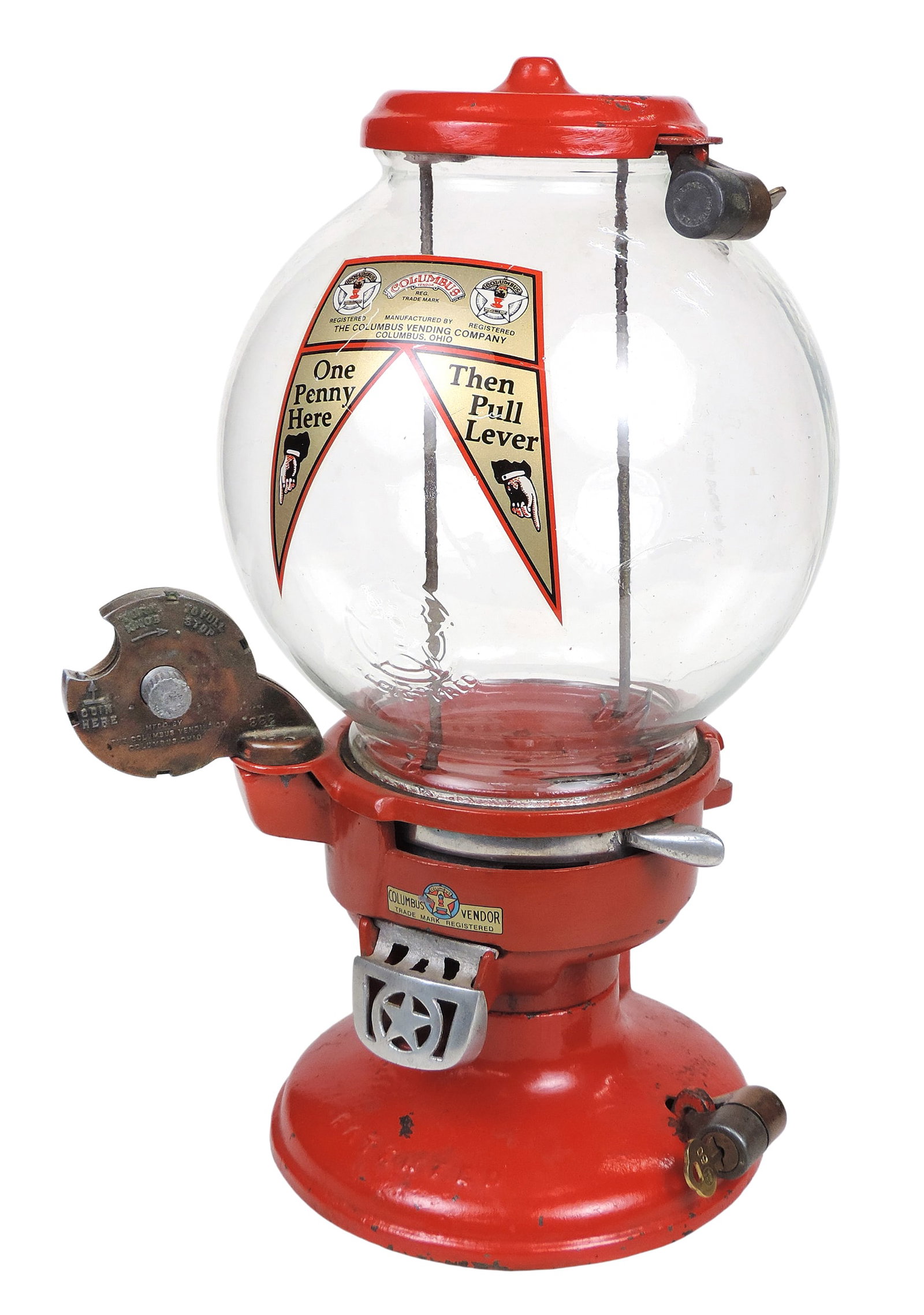 Coin-operated, Columbus Model "A" Vendor w/slug rejector, decal instructs the user: One Penny Here, (1 of 5)
