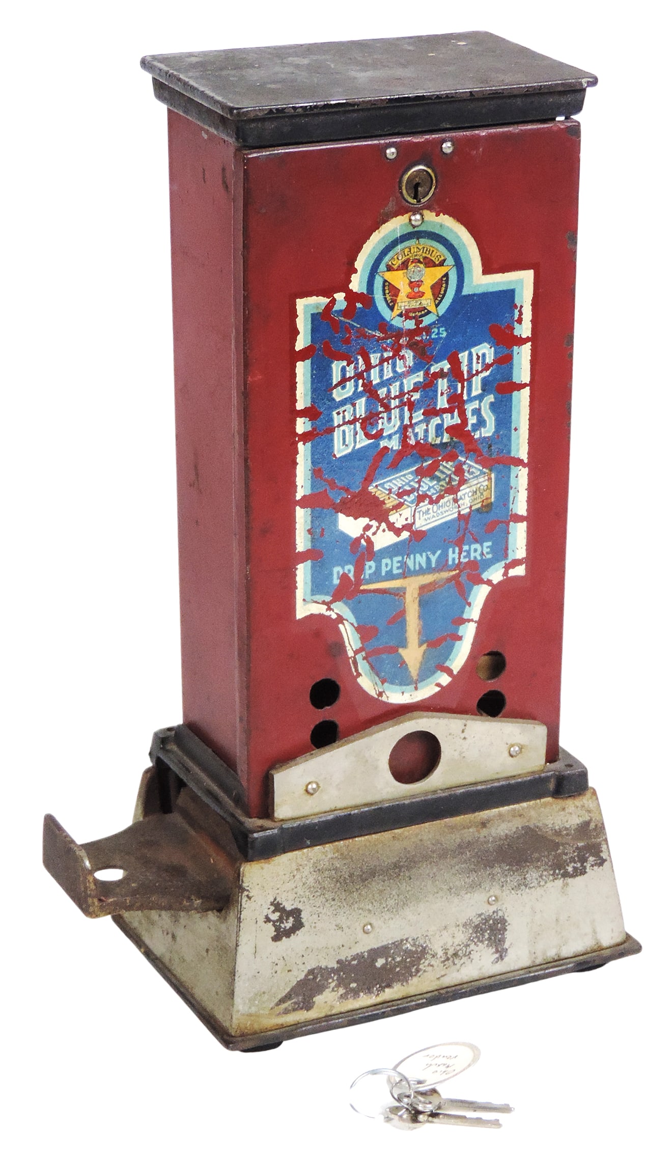 Coin-operated, 1¢ Ohio Blue Tip Matches Vendor, orig Mfd by Columbus Vending Co., Model 25, cas (1 of 3)