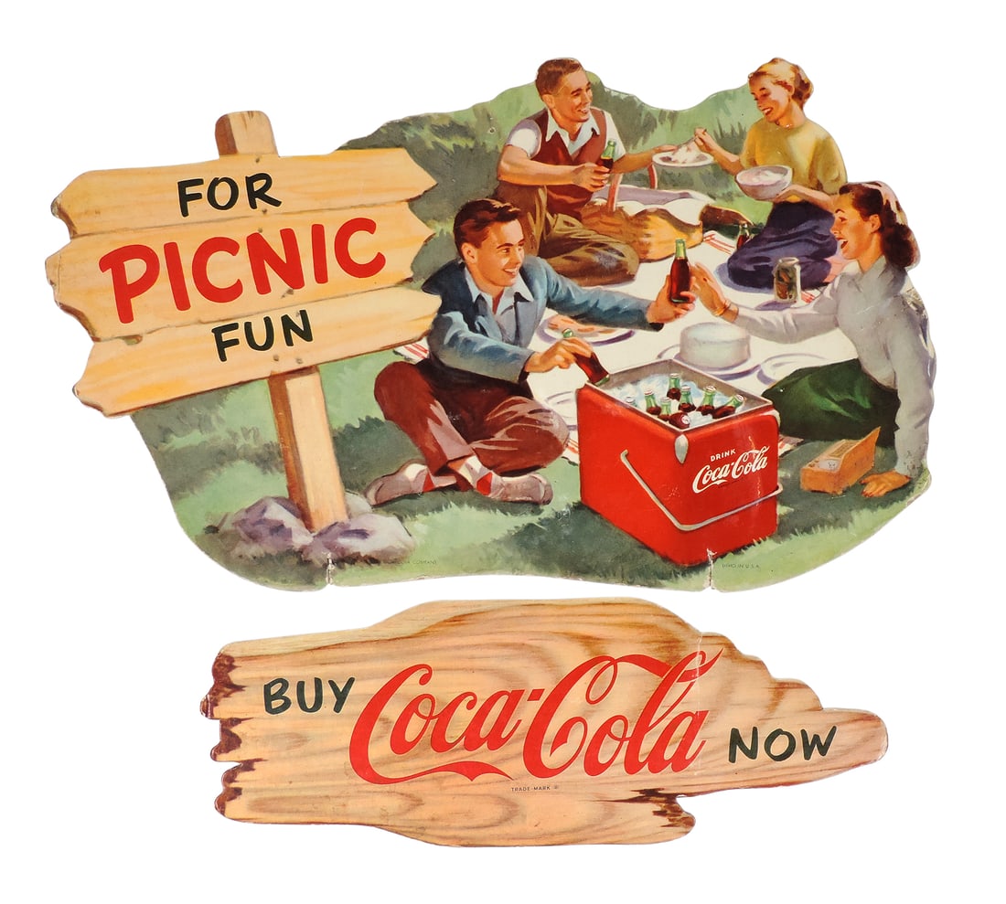 Coca-Cola For Picnic Fun & Buy Coca-Cola Now Signs (2), litho in USA, Trade Mark Reg., die-cut gl... (1 of 3)