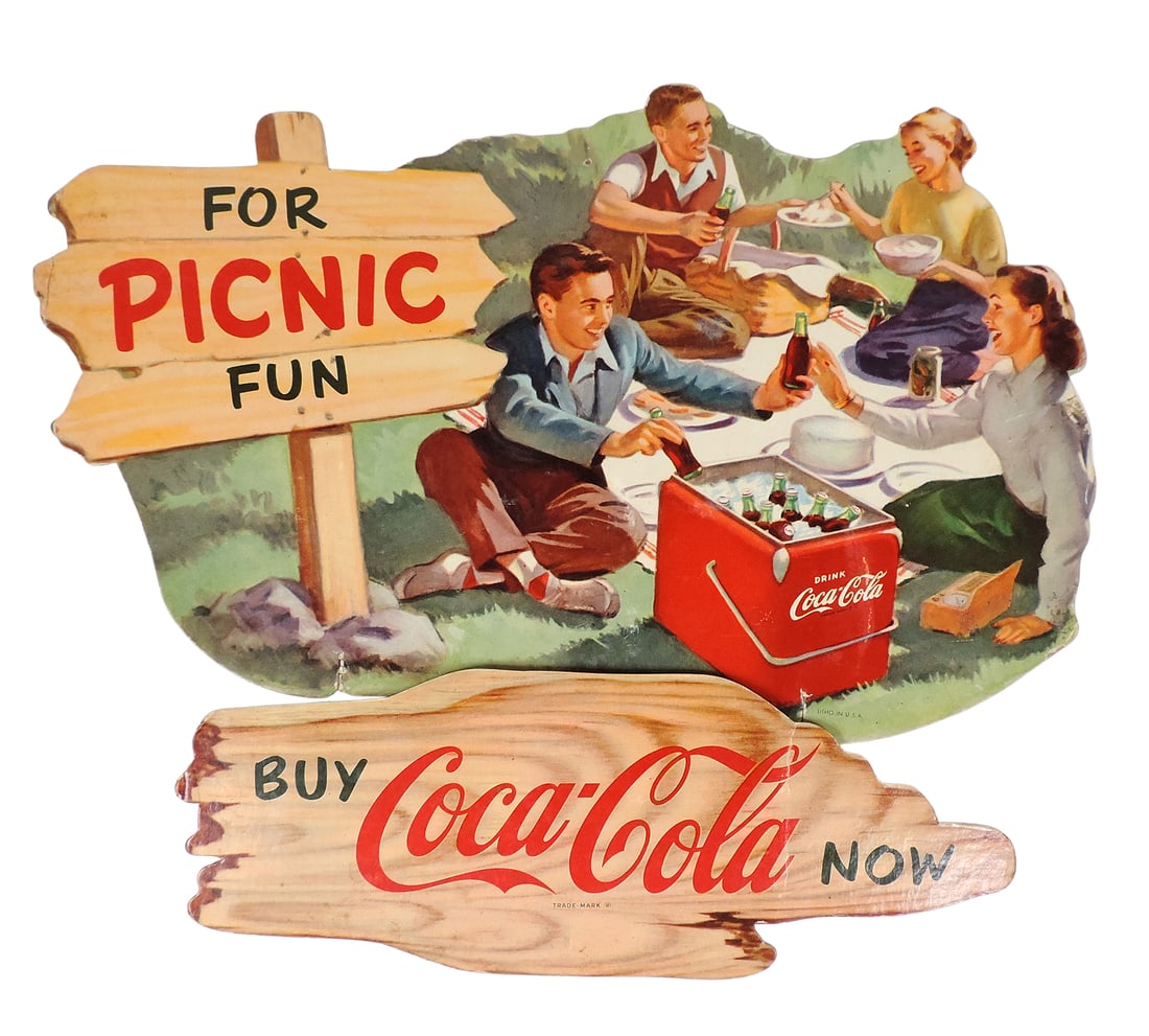 Coca-Cola For Picnic Fun & Buy Coca-Cola Now Signs (2), litho in USA, Trade Mark Reg., diecut gloss - 3