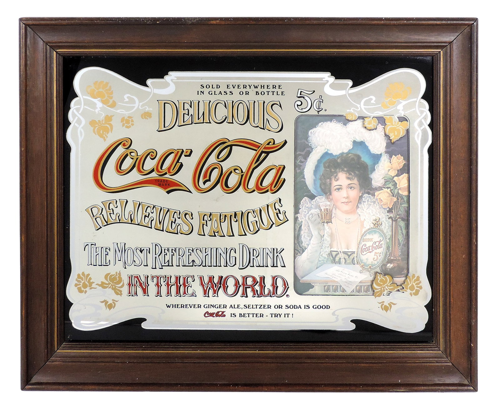 Coca-Cola Promotional Mirror/Sign, featuring the Delicious-Relieves Fatigue slogan, litho print b... (1 of 1)