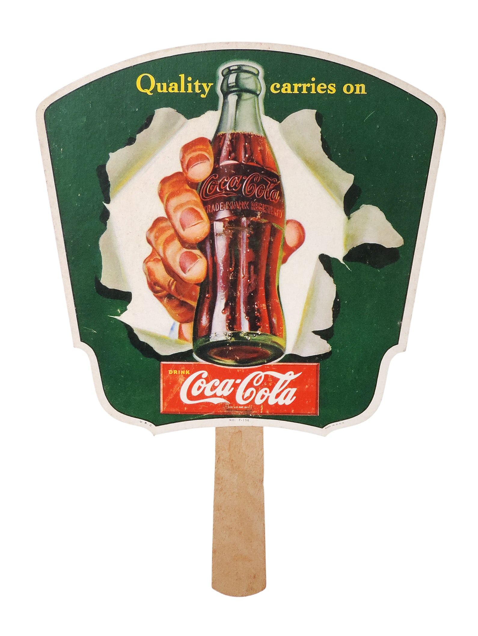 Coca-Cola Hand Fan, Quality carries on Drink Coca Cola, REG.U.S.PAT.OFF, cardstock w/wooden handle, (1 of 2)