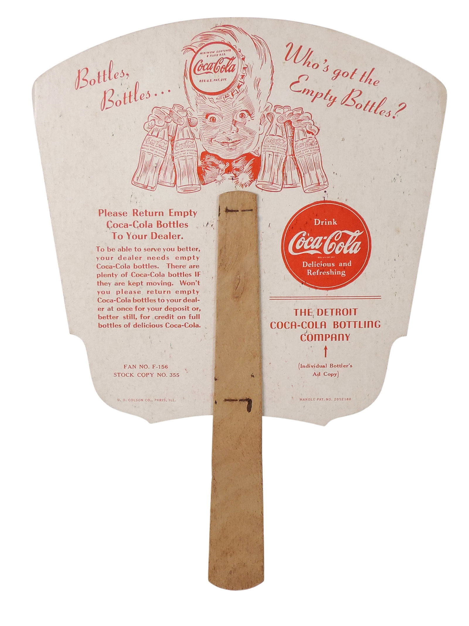 Coca-Cola Hand Fan, Quality carries on Drink Coca Cola, REG.U.S.PAT.OFF, cardstock w/wooden handle, - 2