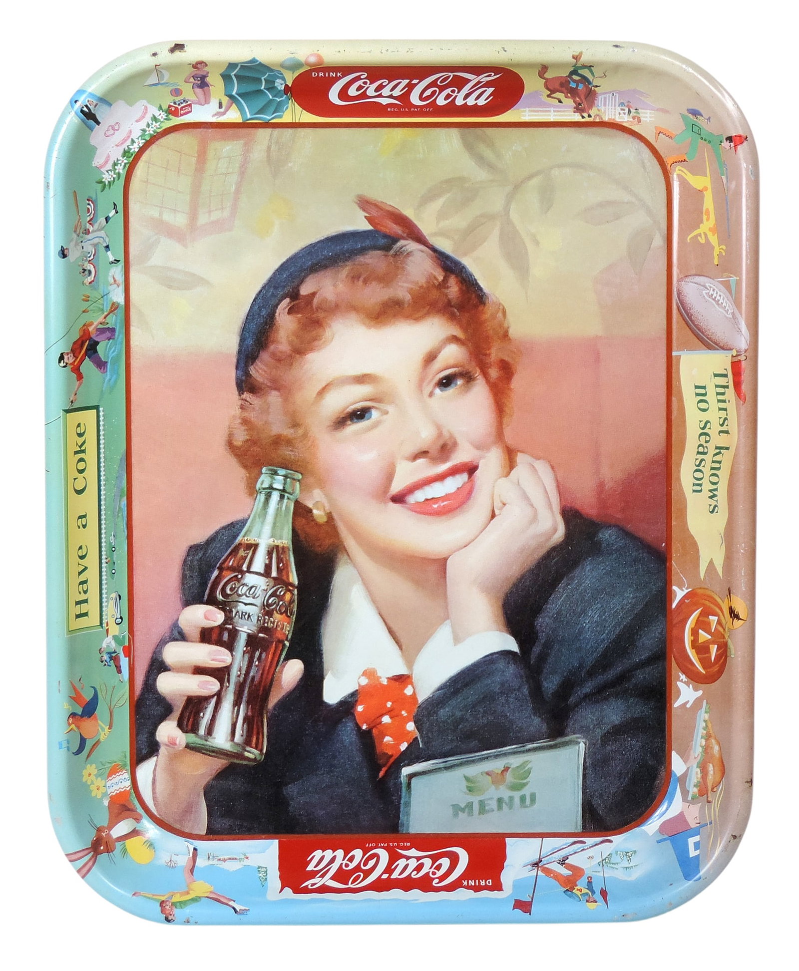 Coca-Cola Serving Tray, Drink Coca Cola, REG.U.S.PAT.OFF, Menu Girl design, Thirst Knows No Season, (1 of 1)