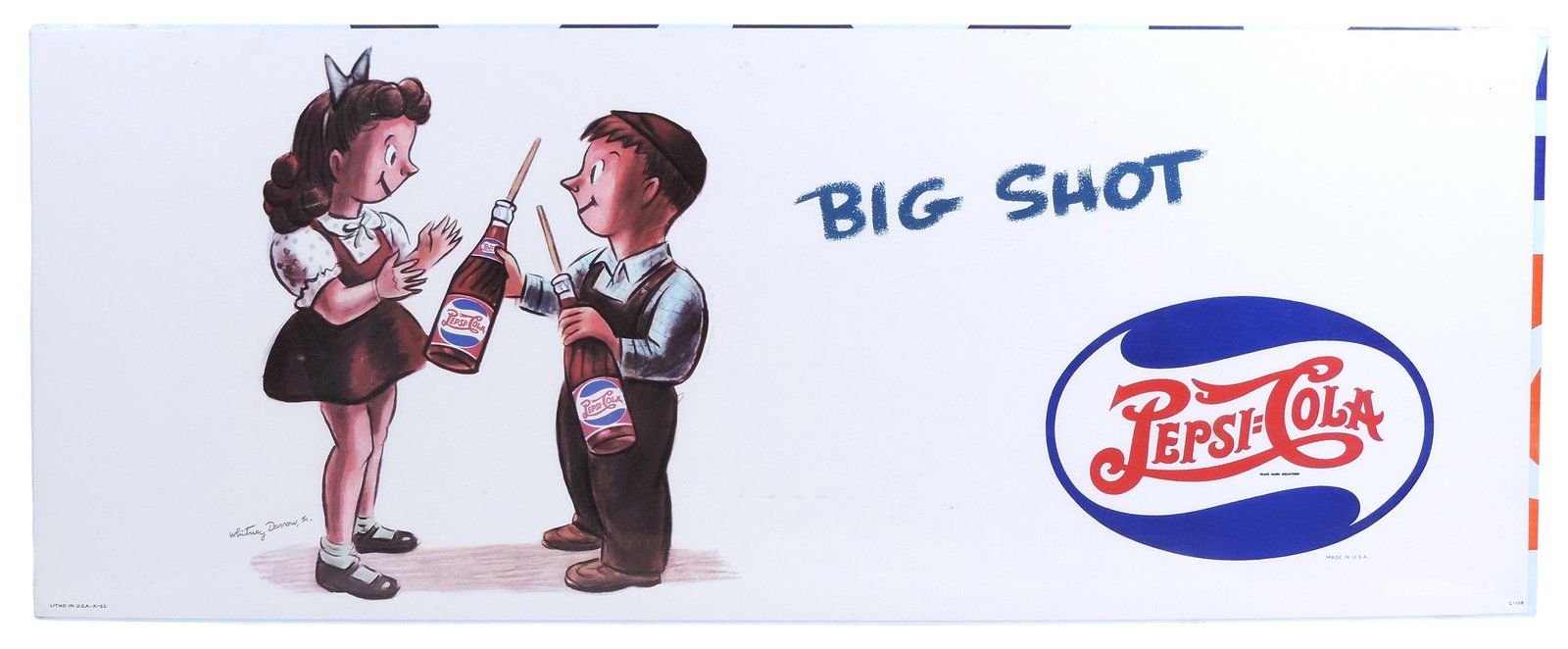 Pepsi:Cola Big Shot Sign, cardstock, featuring artwork by Whitney Darrow, Jr., classic "double ...: Pepsi:Cola Big Shot Sign, cardstock, featuring artwork by Whitney Darrow, Jr., classic "double dot" Pepsi logo, commonly used during 1940-1950s, Pepsi:Cola Trade Mark Registered, made in U.S.A., sligh
