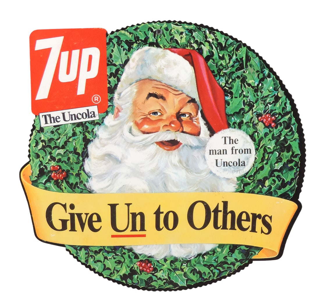 7Up The Uncola Holiday Sign, double-sided diecut cardstock featuring Santa Claus, Give Un to Othe...: 7Up The Uncola Holiday Sign, double-sided diecut cardstock featuring Santa Claus, Give Un to Others, The man from Uncola, hole at top for hanging, c. mid 1900s, Exc cond, H 9.75 x W 10 in.
