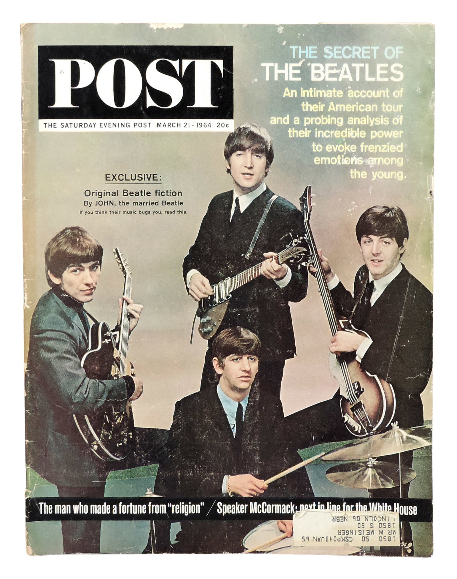 The Beatles Saturday Evening Post March 21, 1964, Exclusive Original Beatle Fiction by John, 9 pg...: The Beatles Saturday Evening Post March 21, 1964, Exclusive Original Beatle Fiction by John, 9 pgs of Beatlemania throughout plus cover photo, VG cond w/some age-related wear, H 13.5 x W 10 in.