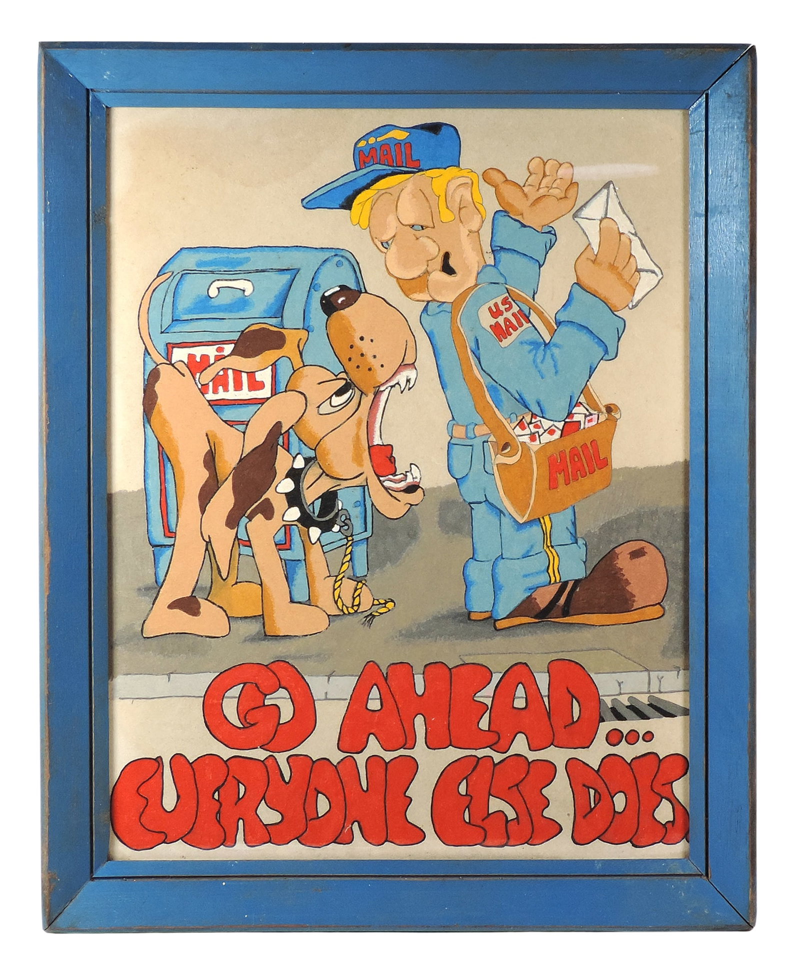 Vintage U.S. Mail Themed Art, colorful & fun litho on fabric, features a mail carrier holding a l... (1 of 2)