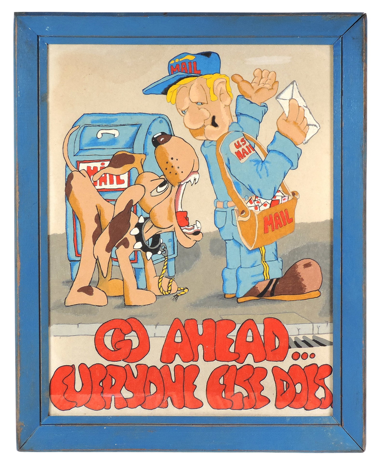 Vintage U.S. Mail Themed Art, colorful & fun litho on fabric, features a mail carrier holding a l... - 2