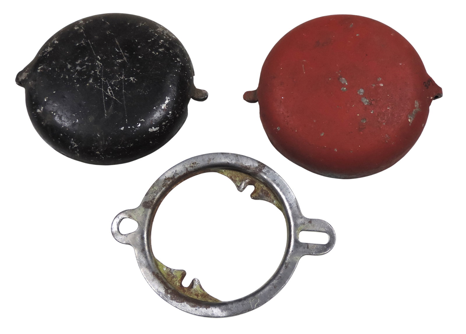 Coin-operated, Columbus Model M Vendor, replacement parts, hold-down & 2 caps, c. early-mid 1900s... (1 of 2)