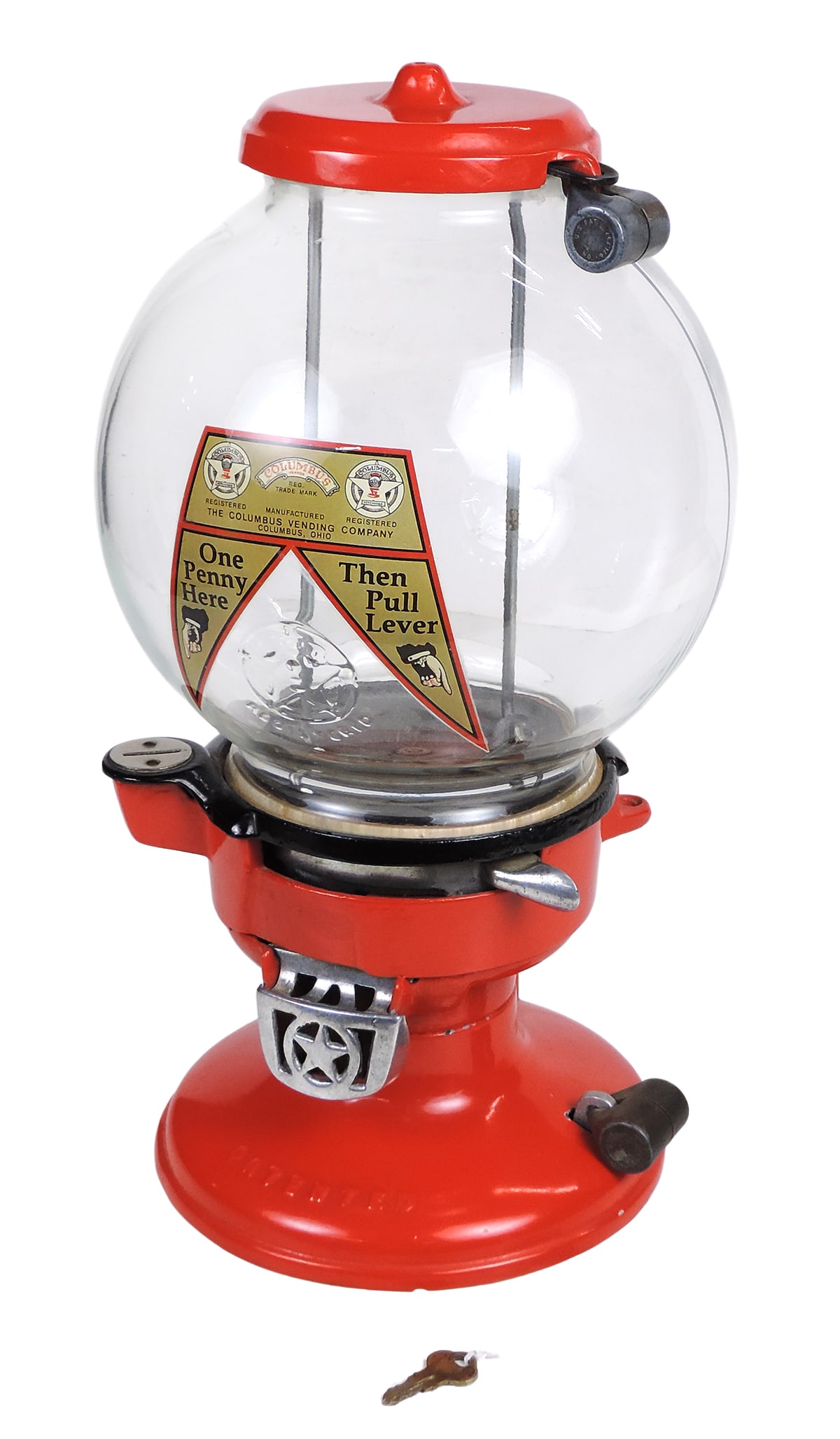Coin-operated, Columbus Model "A" Vendor, decal instructs the user: One Penny Here, Then Pull Lev... (1 of 2)