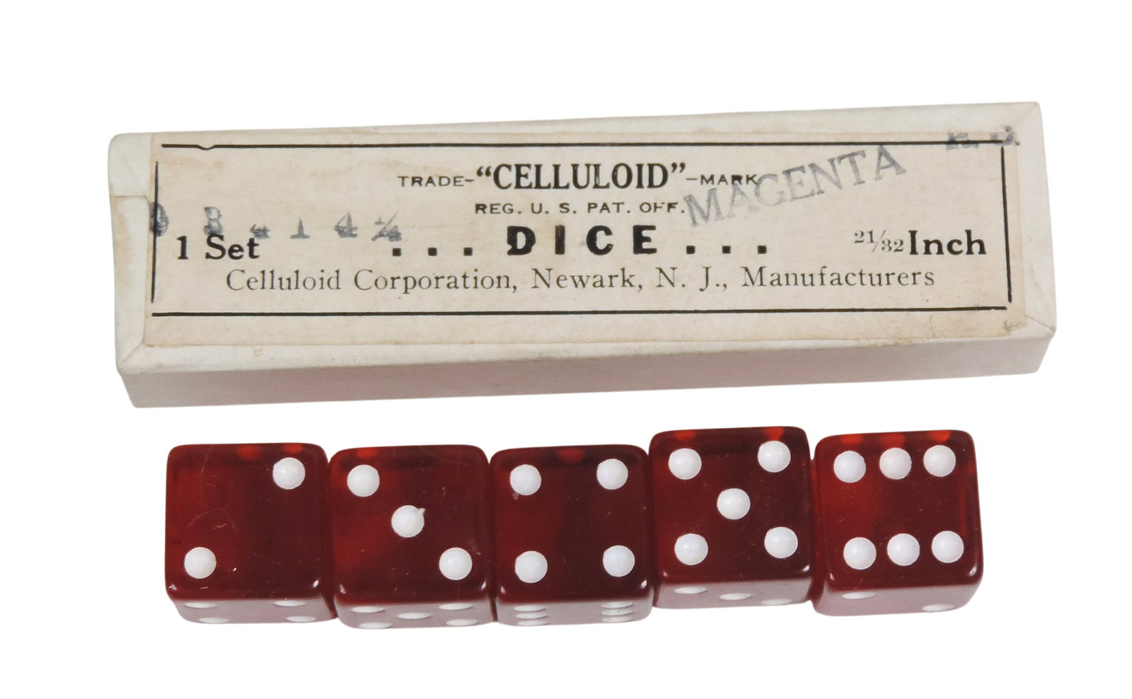 Antique Celluloid Dice, New Old Stock The Celluloid Co. (1872-1927) 21/32" Magenta Red set of 5 i...: Antique Celluloid Dice, New Old Stock The Celluloid Co. (1872-1927) 21/32" Magenta Red set of 5 in orig tissue wrap & box, Mint cond, comes w/master box that held 1 Doz. Sets, master box has split