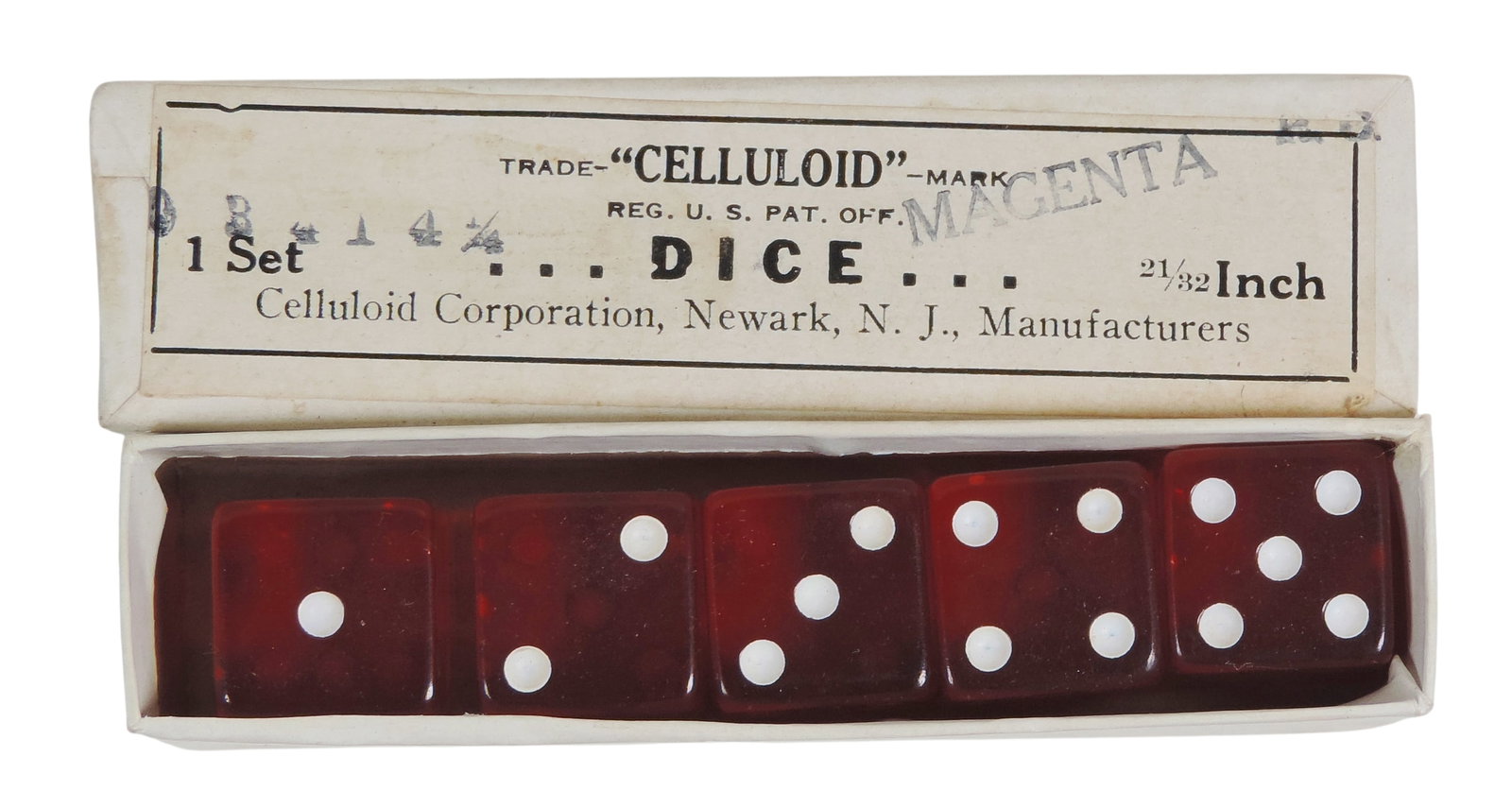Antique Celluloid Dice, New Old Stock The Celluloid Co. (1872-1927) 21/32" Magenta Red set of 5 i... - 2