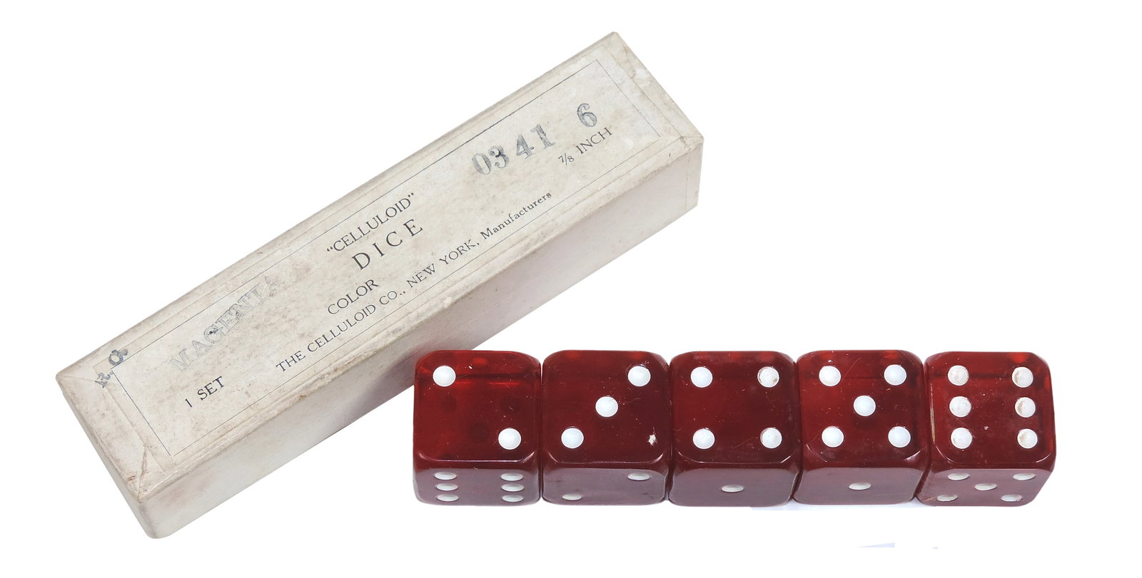 Antique Celluloid Dice, New Old Stock, mfgd by The Celluloid Co. (1872-1927) 7/8" Magenta Red set... (1 of 2)