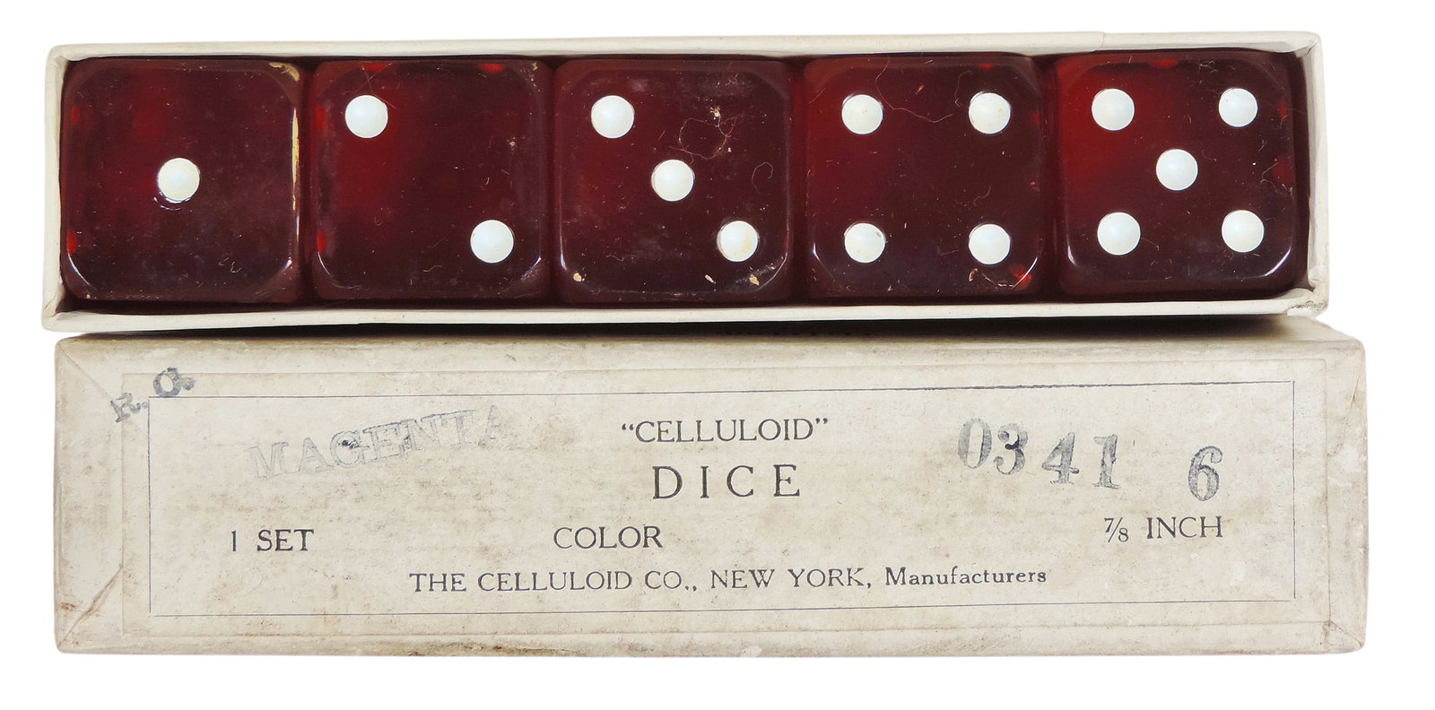 Antique Celluloid Dice, New Old Stock, mfgd by The Celluloid Co. (1872-1927) 7/8" Magenta Red set... - 2