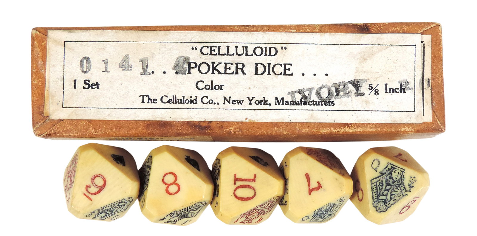 Antique Poker Dice, Rare New Old Stock The Celluloid Co. (1872-1927), 5/8" 6-sided Ivory colored ... - 2