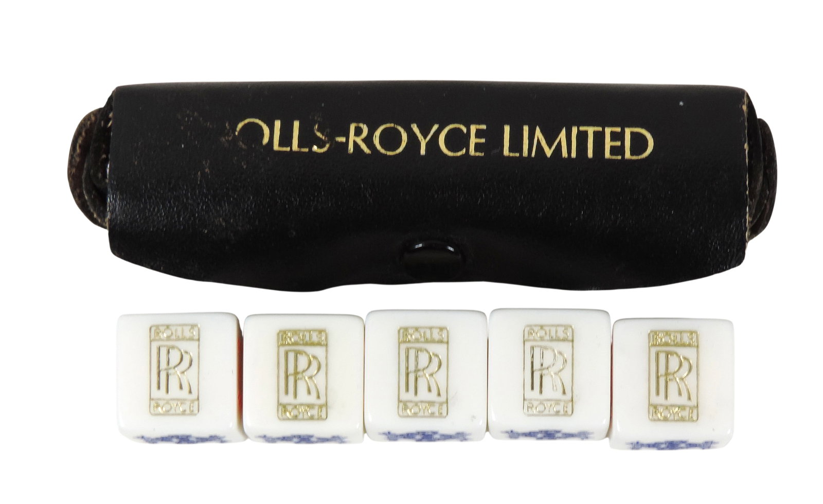 Rolls-Royce Poker Dice in Leather Case, Rare set of 5 w/Rolls-Royce emblem, c.1960's, made in Eng...: Rolls-Royce Poker Dice in Leather Case, Rare set of 5 w/Rolls-Royce emblem, c.1960's, made in England, Exc cond, case W 1 x L 4 in.