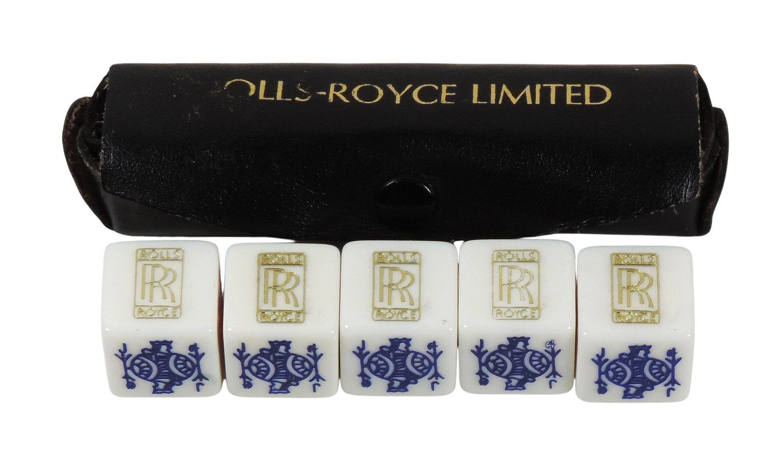 Rolls-Royce Poker Dice in Leather Case, Rare set of 5 w/Rolls-Royce emblem, c.1960's, made in Eng... - 2