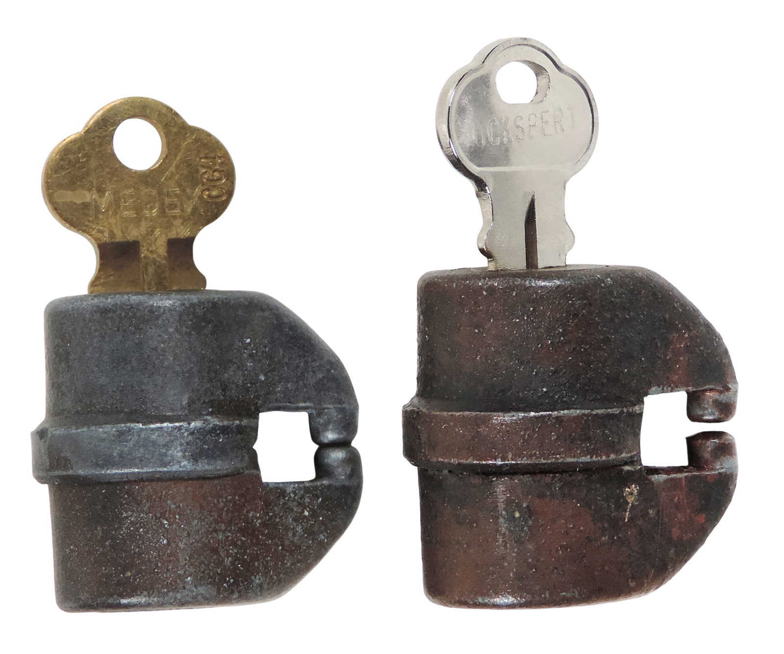 Barrel Locks (2), primarily used in the 1920-30s for securing gum-ball or peanut vending machines... (1 of 3)