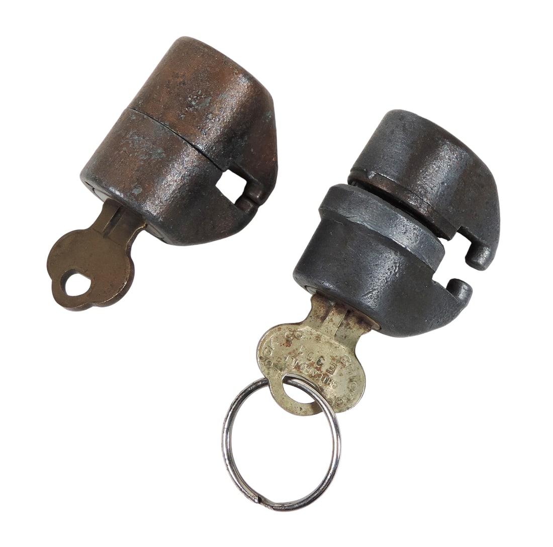 Barrel Locks (2), primarily used in the 1920-30s for securing gum-ball or peanut vending machines... (1 of 3)