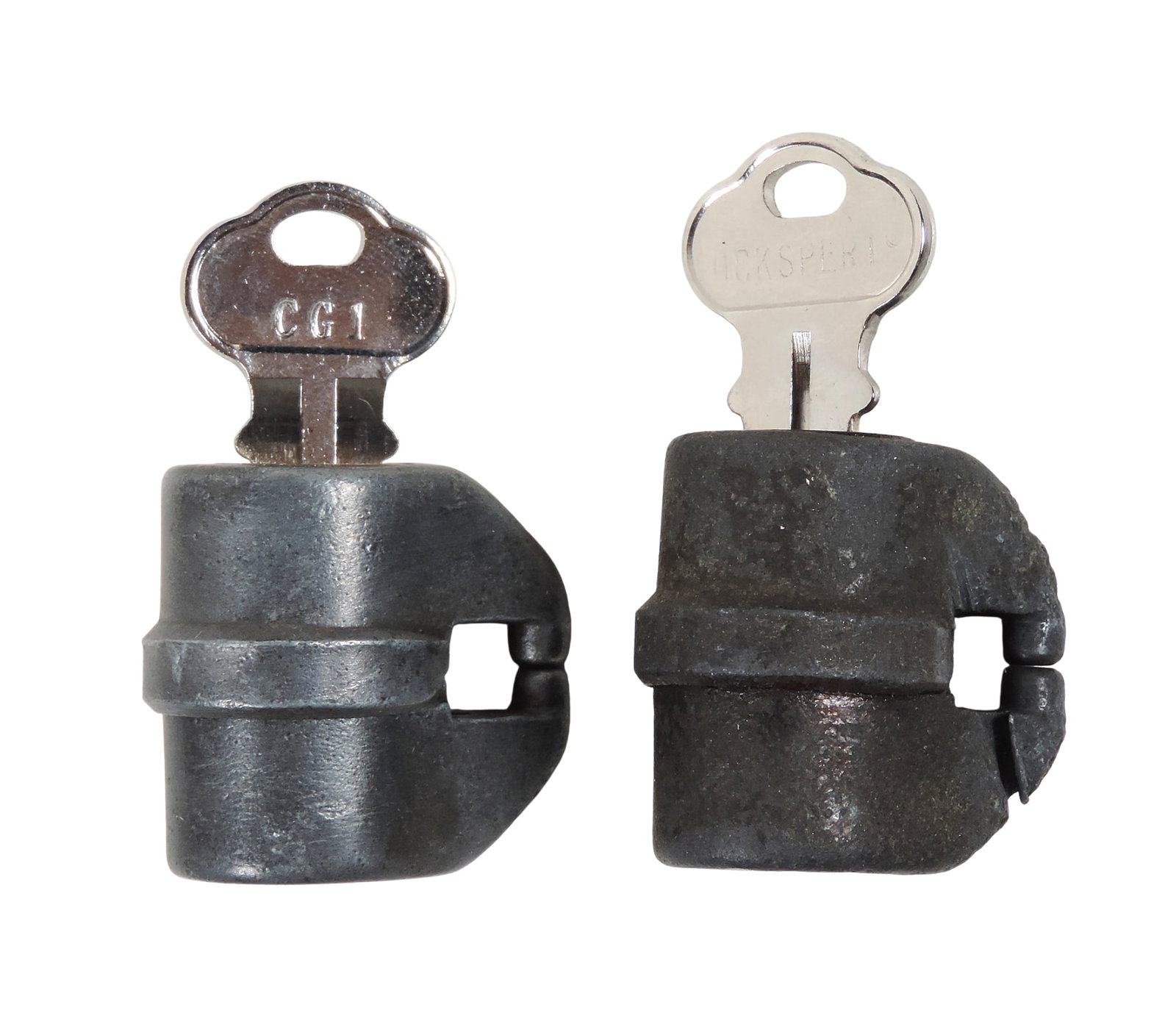 Barrel Locks (2), primarily used in the 1920-30s for securing gumball or peanut vending machines,... - 2