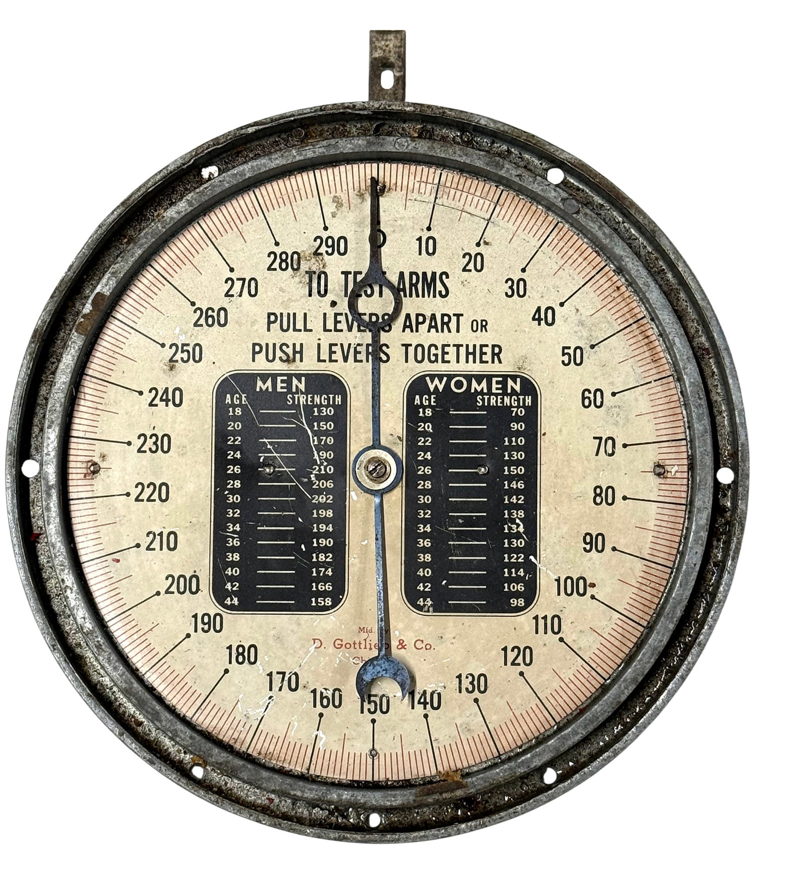 Coin-Operated Strength Tester Dial, orig for a D. Gotlieb & Co. counter model, VG+ orig cond, Dia 6: Coin-Operated Strength Tester Dial, orig for a D. Gotlieb & Co. counter model, VG+ orig cond, Dia 6 7/8 in.