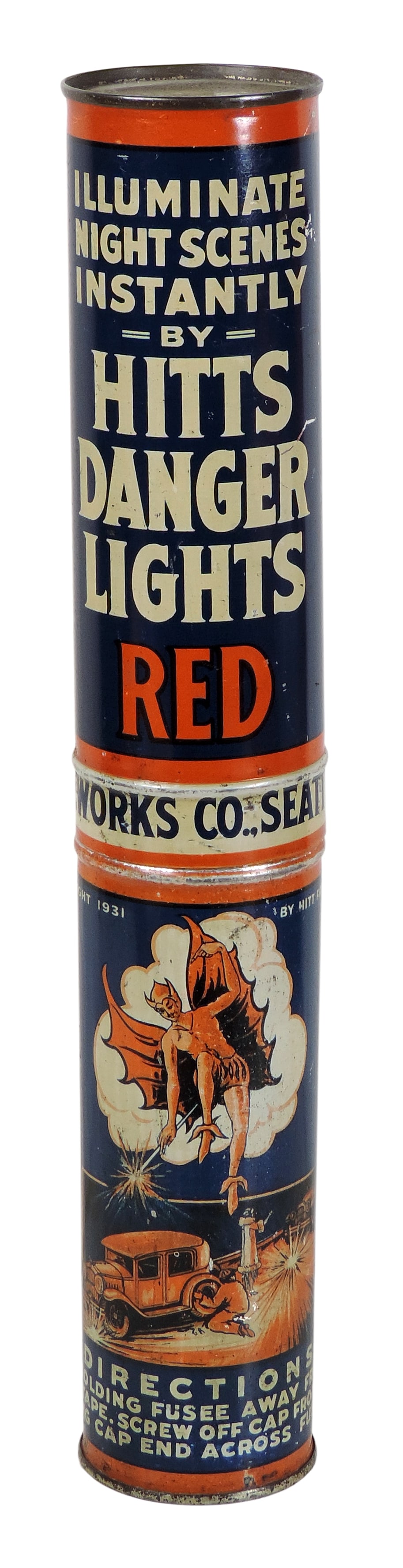 Hitts Danger Lights Automotive Emergency Flare Container, Mfg by Hitt Fireworks Co., Columbian Ci...: Hitts Danger Lights Automotive Emergency Flare Container, Mfg by Hitt Fireworks Co., Columbian City-Seattle, Washington-USA, litho imagery features a prominent, colorful devil figure standing above