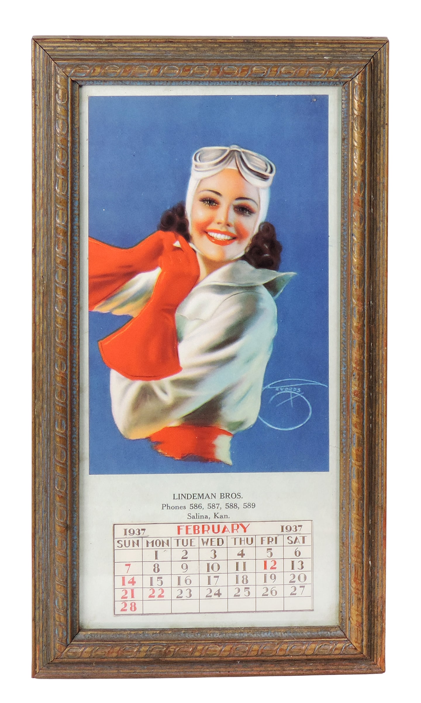 1937 Pin-Up Calendar from Lindeman Bros.-Salina, Kan., features pin-up style woman wearing aviato... (1 of 1)