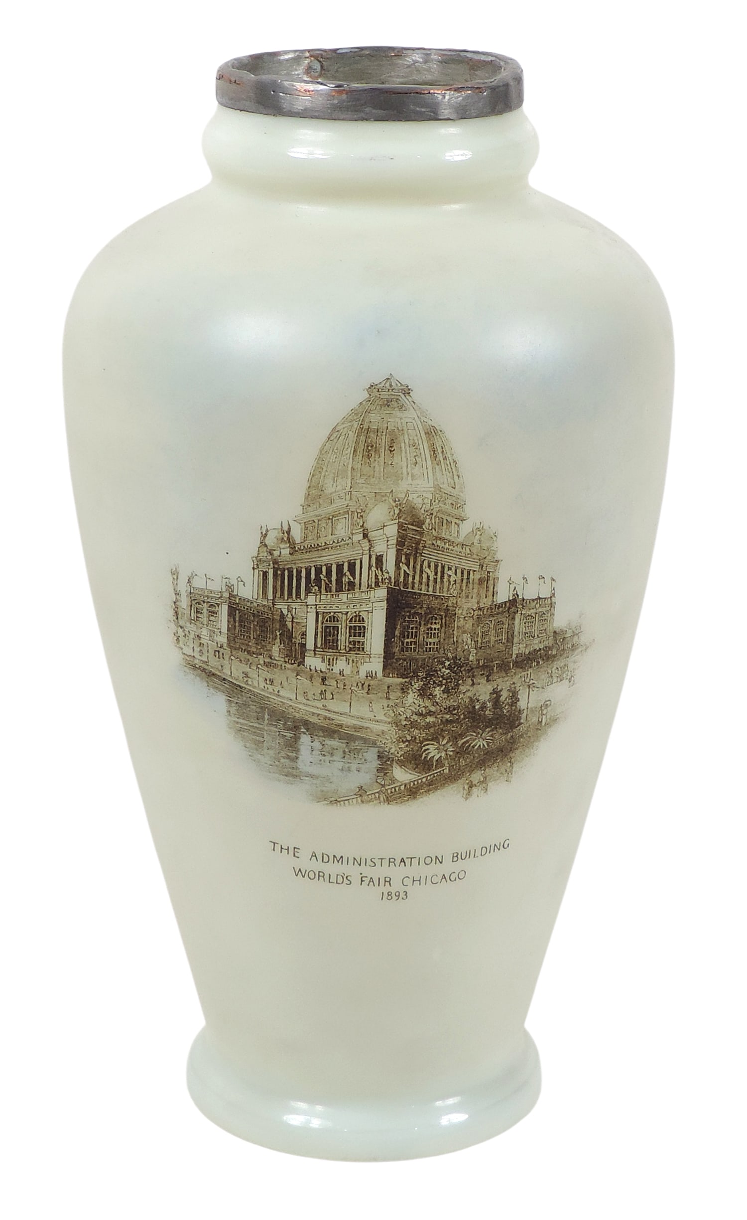 1893 Chicago World's Fair Souvenir Vase, features a sepia transfer print of the Administration...: 1893 Chicago World's Fair Souvenir Vase, features a sepia transfer print of the Administration Building Worldâ€™s Fair Chicago, semi-translucent, pale-yellowish custard glass (or sati