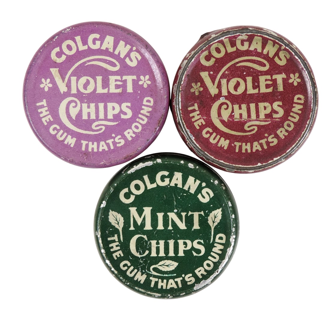 Colgan Gum Co. Tins (3), Violet Chips, The Gum That's Round & Mint Chips, A Delicious Digestive... (1 of 2)