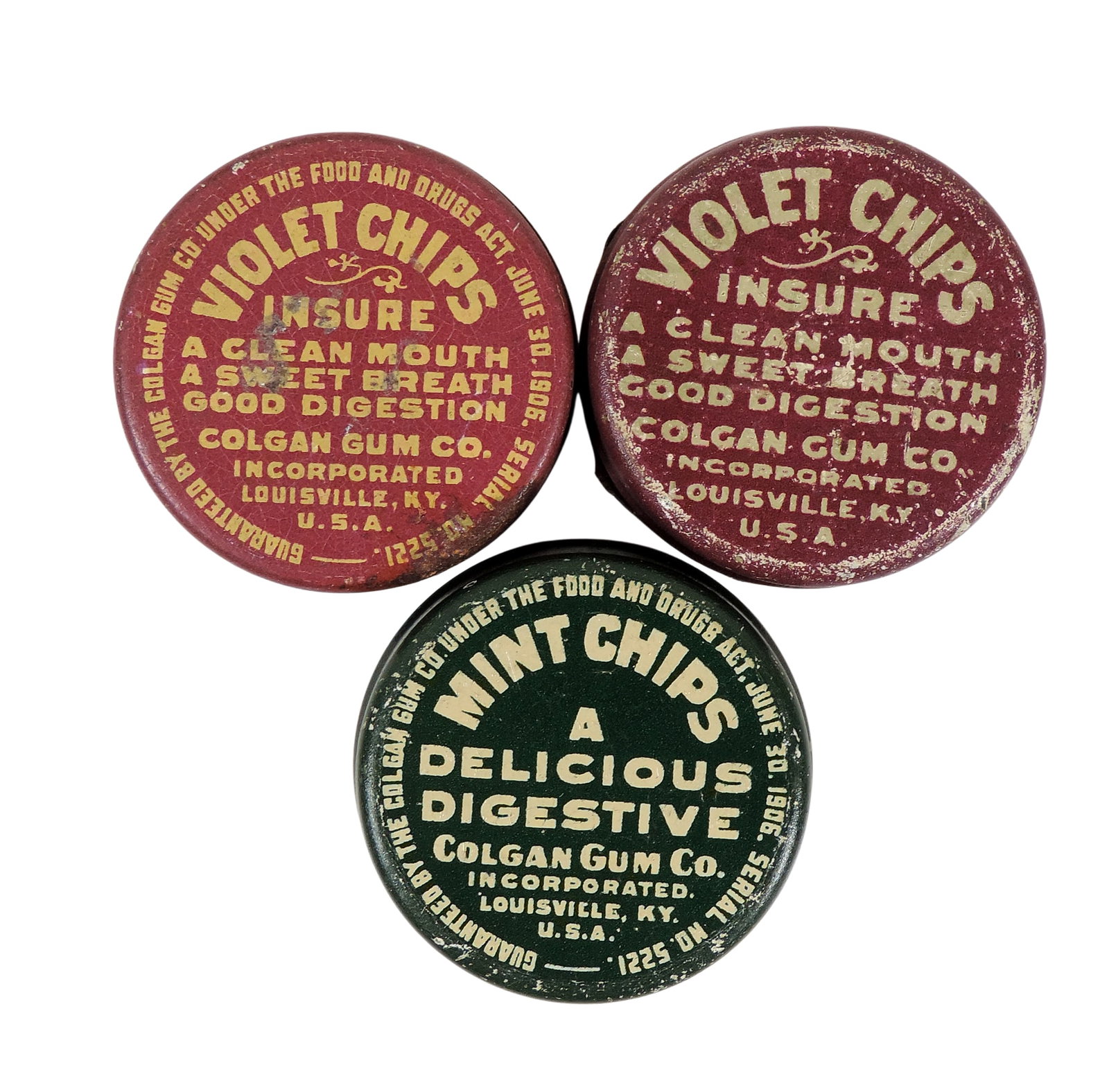 Colgan Gum Co. Tins (3), Violet Chips, The Gum That's Round & Mint Chips, A Delicious Digestive... - 2