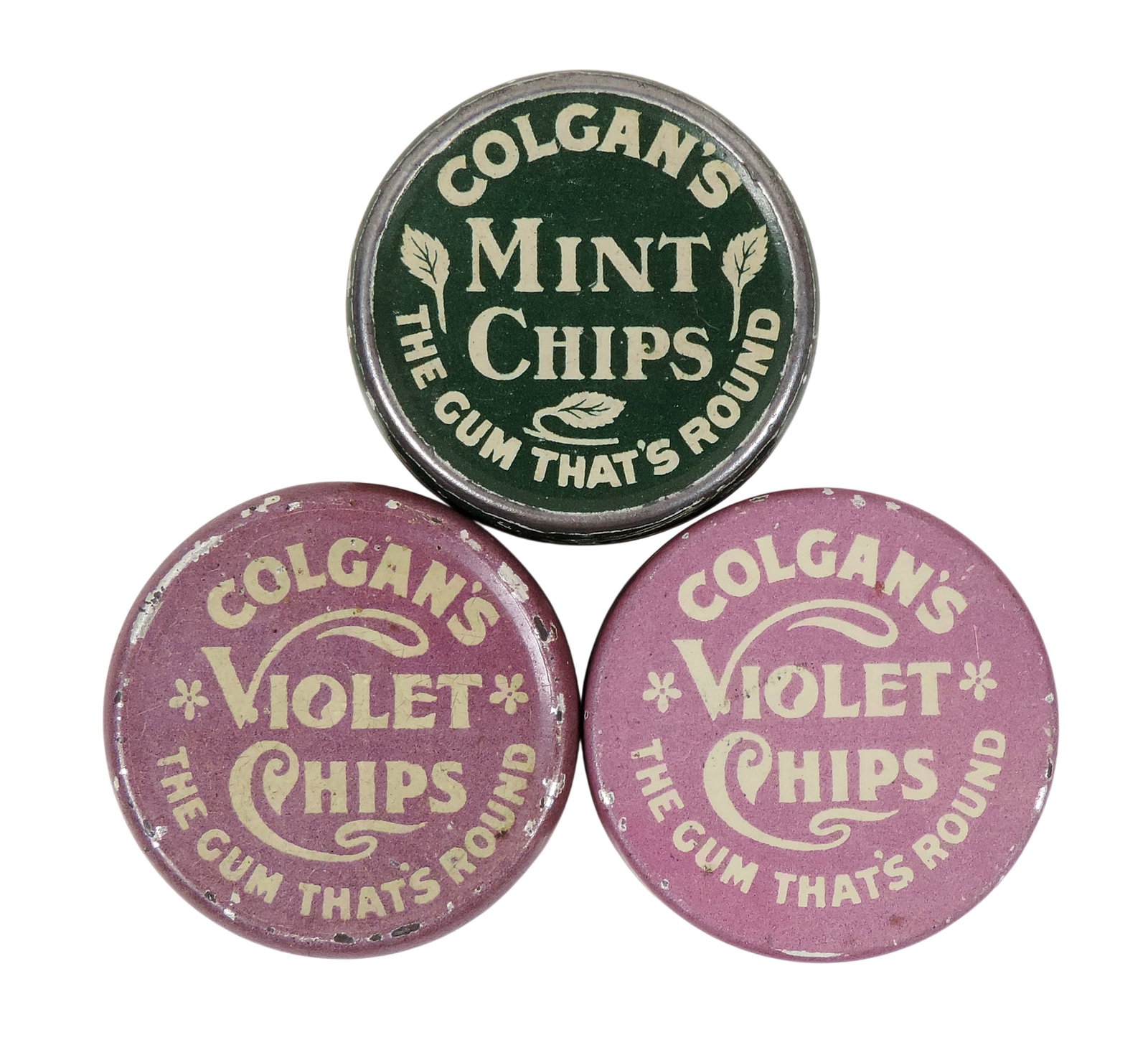 Colgan Gum Co. Tins (3), Violet Chips, The Gum That's Round & Mint Chips, A Delicious Digestive... (1 of 2)