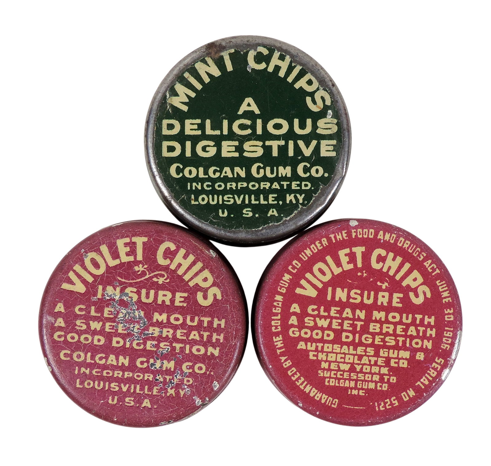 Colgan Gum Co. Tins (3), Violet Chips, The Gum That's Round & Mint Chips, A Delicious Digestive... - 2